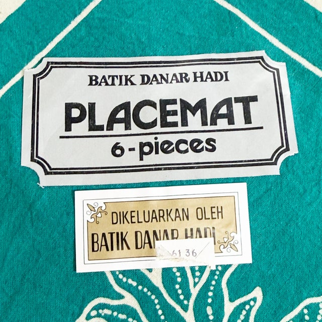 Authentic vintage Batik Danar Hadi placemat and napkin set featuring a bold pineapple motif in rich teal and cream — a...