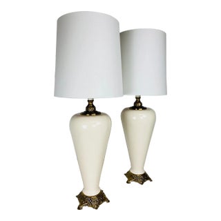 Monumental Cream Ware Porcelain and Brass Modernist French Style Table Lamps/A Pair. For Sale