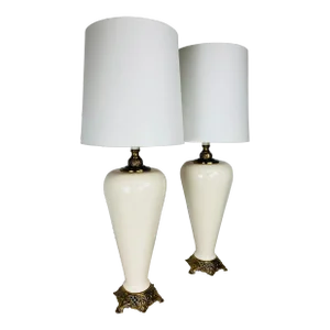 Monumental Cream Ware Porcelain and Brass Modernist French Style Table Lamps/A Pair.