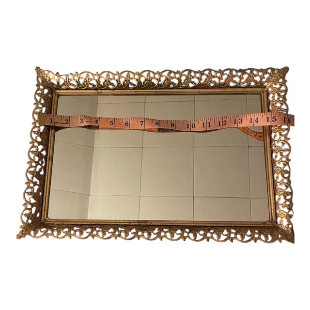Vintage Hollywood Regency Mirrored Vanity Tray Gold Gilt Filigree Frame For Sale - Image 4 of 5