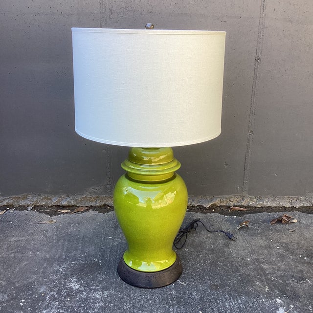 Textile Late 20th Century Chartreuse Ginger Jar Lamp With Linen Drum Shade For Sale - Image 7 of 7