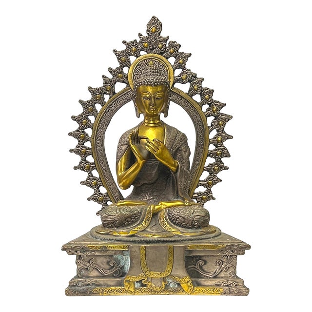 Vintage Pewter Copper Color Metal Sitting Maitreya Happy Buddha Statue For Sale