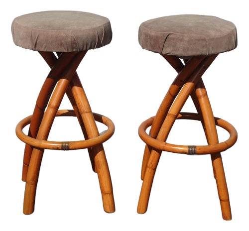 Pair Vintage Mid Century Coastal Bamboo Barstools Bar Stools
