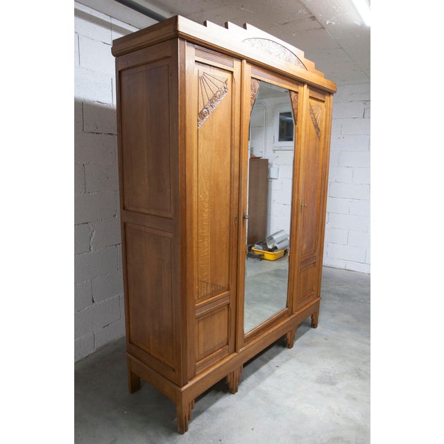 Tan Art Deco Carved Oak Wardrobe, 1934 For Sale - Image 8 of 18