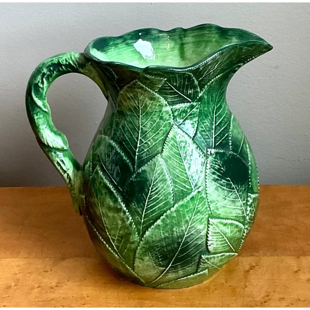 Vintage Green Leaf Motif Ceramic Pitcher For Sale - Image 9 of 13