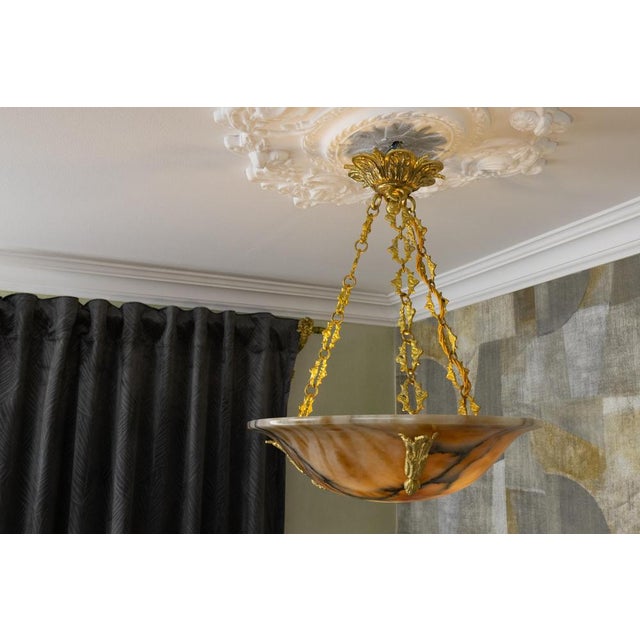 French Neoclassical Style Amber Alabaster and Bronze Pendant Light, 1920s For Sale - Image 9 of 18