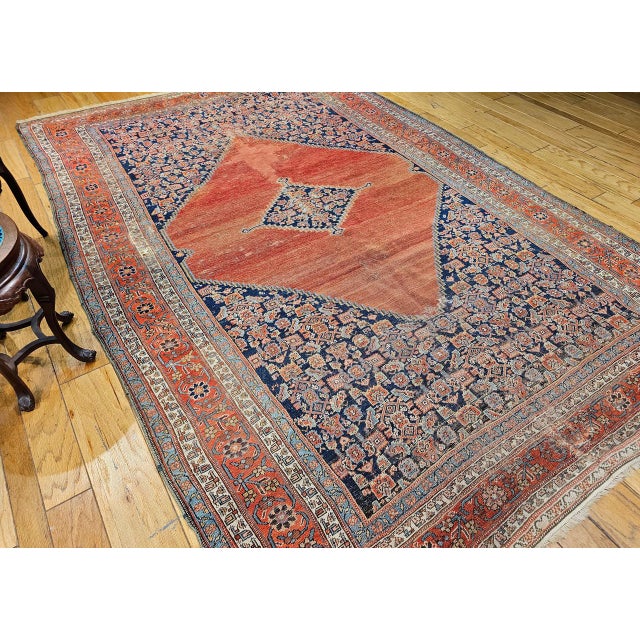 Persian Antique Persian Malayer Rug, Hand-Knotted Wool, Geometric Pattern, 8x12, Terracotta & Navy For Sale - Image 3 of 16
