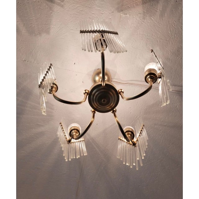 1970s Rare 1970s Brass & Glass Rod Chandelier | 5-Light Vintage Fixture | Restored Mid Century Lighting For Sale - Image 5 of 14