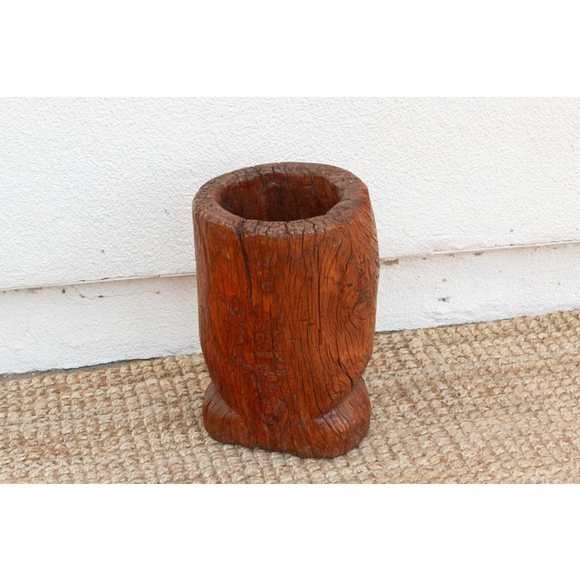 19th Century Rustic Antique Chinese Mortar, Carved Wood Planter For Sale In Los Angeles - Image 6 of 8