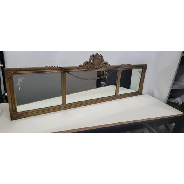 Antique 1920s Colonial Revival 3-Panel Etched Glass Wall Mirror, Carved Wood Frame, 48"w For Sale - Image 4 of 13
