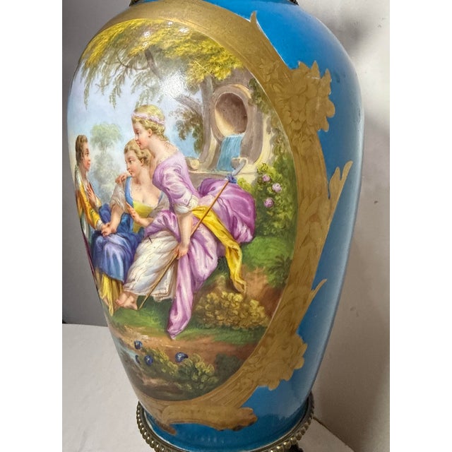 Large Antique Ornate Sevres Painted Porcelain Bronze Electric Table Lamp Vase For Sale - Image 10 of 16