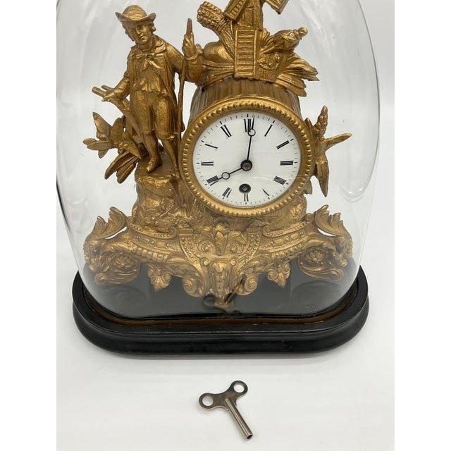Antique French Gilt Spelter Mantel Clock Glass Dome Windmill Figural Victorian Clock C. 1880 For Sale - Image 10 of 10