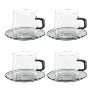 Bergamo Glass Tea & Coffee Cups and Saucers - Gray, Set of 4 For Sale