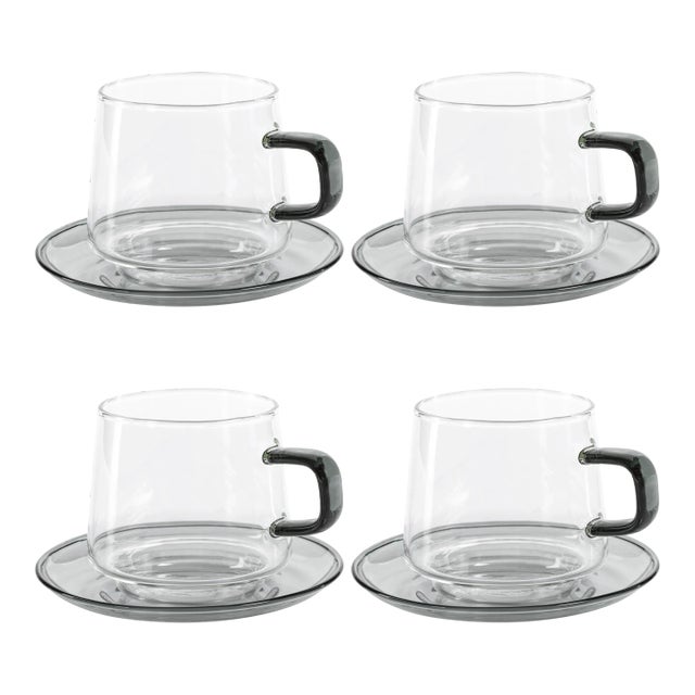 Bergamo Glass Tea & Coffee Cups and Saucers - Gray, Set of 4 For Sale