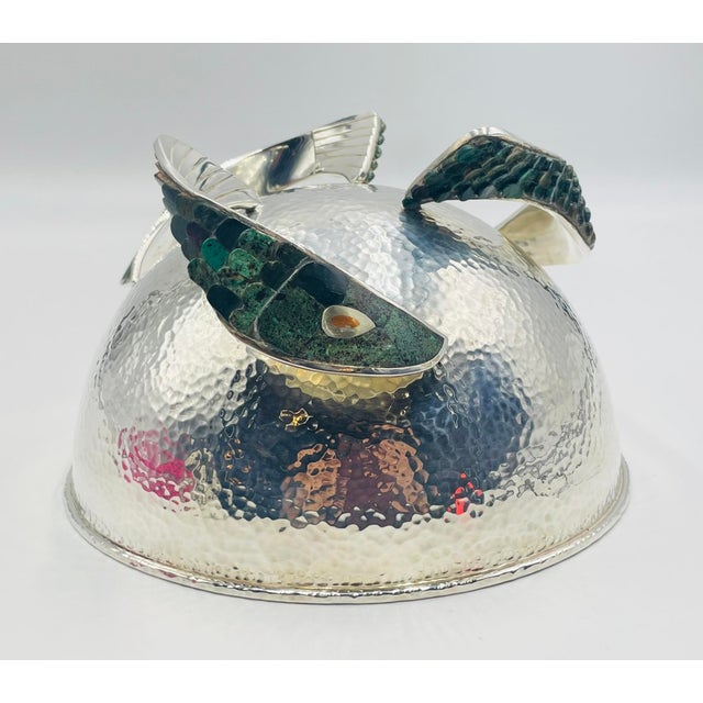 Metal Los Castillo 1950s Silver Bowl With Malachite-Inlaid Fish Base, Taxco, Signed For Sale - Image 7 of 18
