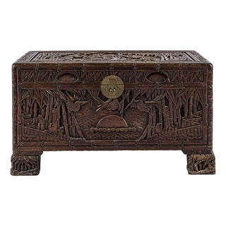36" Vintage Antique Chinese Carved Camphor Chest Featuring Guan Yin For Sale