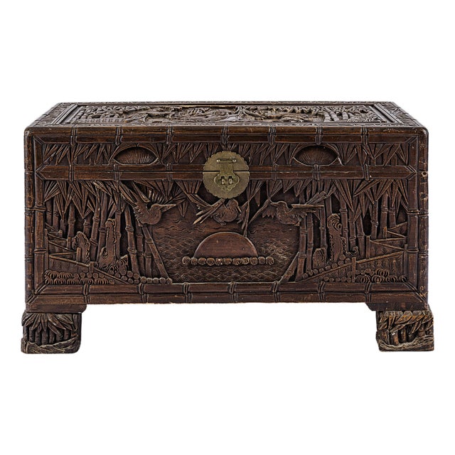 36" Vintage Antique Chinese Carved Camphor Chest Featuring Guan Yin For Sale