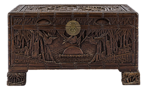 36" Vintage Antique Chinese Carved Camphor Chest Featuring Guan Yin