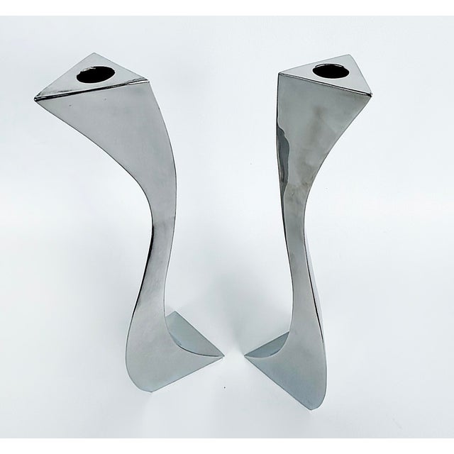 Metal Sculptural Hand-Made Stainless Steel Freeform Candlesticks by Curtis Norton For Sale - Image 7 of 9