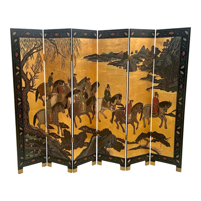 1970s Chinese Export Six Panel Coromandel Screen With Gold Leaf For Sale