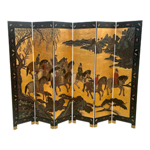 1970s Chinese Export Six Panel Coromandel Screen With Gold Leaf