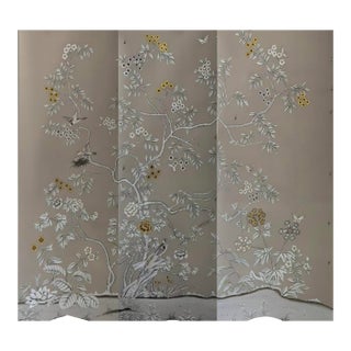Chinoiserie Wallpaper Hand Painted Artworks on Grey Background - 3 Panels For Sale