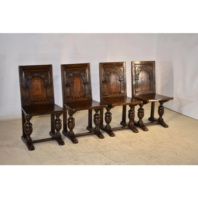 19th Century Set of 4 English Oak Parquetry Chairs For Sale - Image 9 of 12