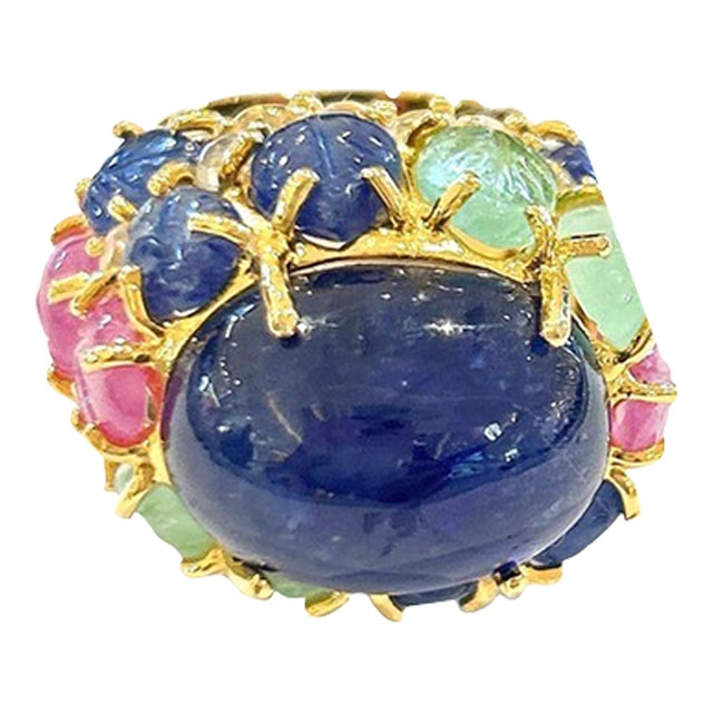 Bochic “Orient” Sapphire, Emerald & Ruby Cocktail Ring Set in 18k Gold & Silver Size 5 For Sale