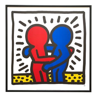 Keith Haring Estate Vintage 1992 Offset Lithograph Print Framed Pop Art Poster " Best Buddies " 1987 For Sale