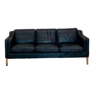 Mid 20th Century Danish Modern Beautiful Black Leather 3 Seat Sofa Wood Legs For Sale