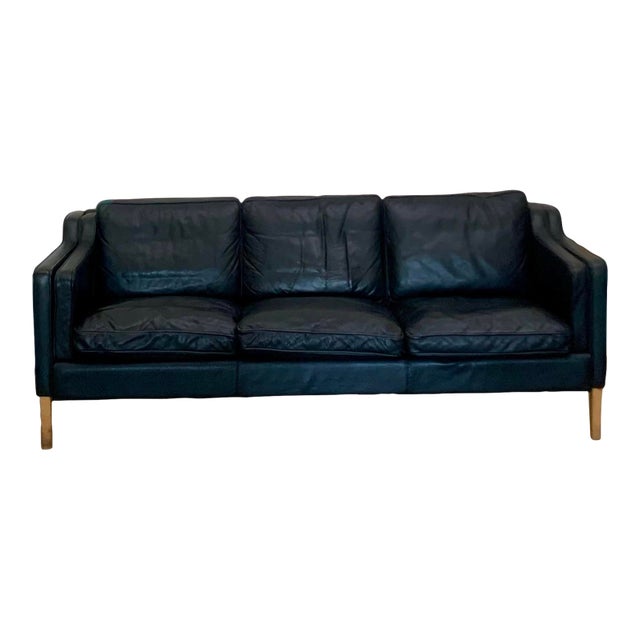Mid 20th Century Danish Modern Beautiful Black Leather 3 Seat Sofa Wood Legs For Sale
