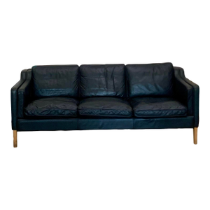 Mid 20th Century Danish Modern Beautiful Black Leather 3 Seat Sofa Wood Legs