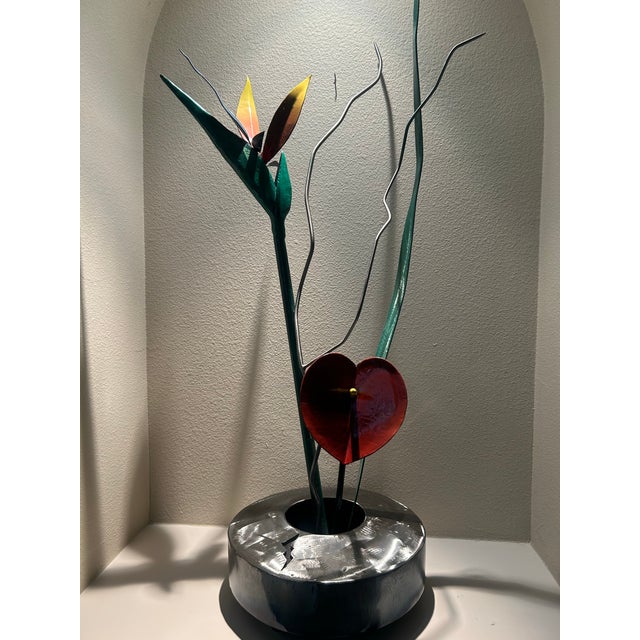 Contemporary Handcrafted Metal Floral Sculpture - Bird of Paradise & Anthurium in Brushed Steel Base - signed "K Johnson" For Sale - Image 6 of 9