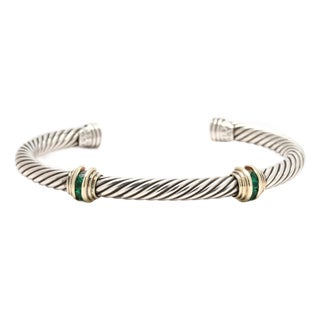 David Yurman Emerald Cable Cuff Bracelet, Sterling Silver & 14k Yellow Gold, 6.5 For Sale