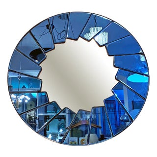 Mid-Century Modern Italian Blue Round Mirror with Glass Frame, 1960s For Sale