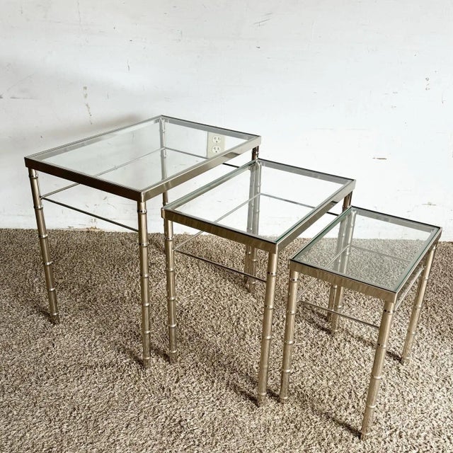Mid-Century Modern Mid Century Modern Chrome Faux Bamboo Glass Top Nesting Tables - Set of 3 For Sale - Image 3 of 7