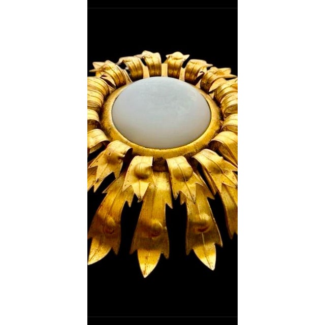 Large Spanish Gilt Crown Flush Mount with Round Curve Glass Shade, 1950 For Sale - Image 4 of 8