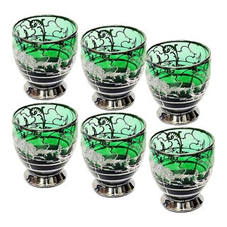 Green Glass With Sterling Silver Overlay Cordial Glasses - Set of 6 For Sale