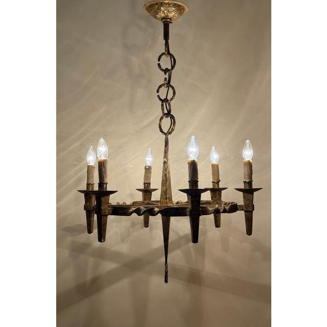 Arts and Crafts Golden Hand-Forged Six-Light Iron Chandelier, Germany, 1920s For Sale - Image 10 of 18