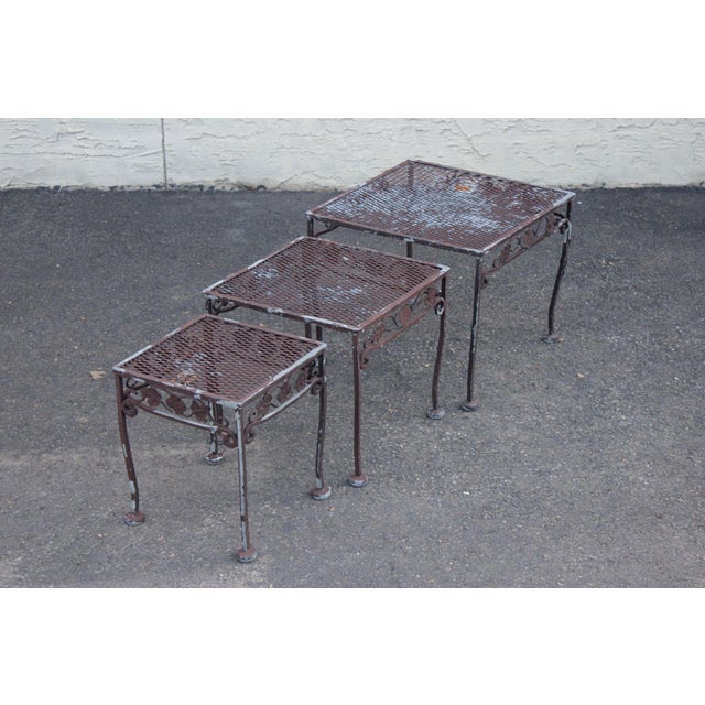 High Quality Vintage Set of Three Wrought Iron Square Top Outdoor Nesting Side Tables with Scrolling Floral Motif,...