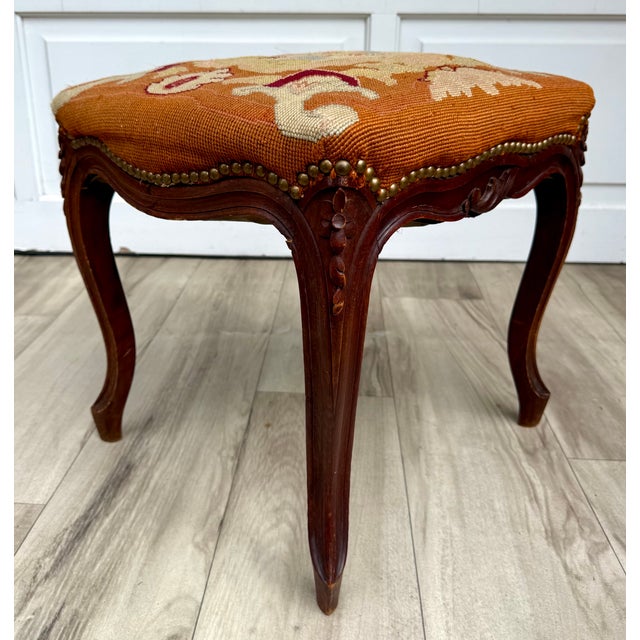 Antique French Louis XV Style Carved Wood Figural Needlepoint Footstool For Sale - Image 14 of 15