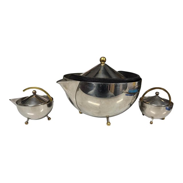 Late 20th Century Carsten Jorgensen for Bodum Stainless Steel and Brass Ball Tea Set (3 Pcs) For Sale