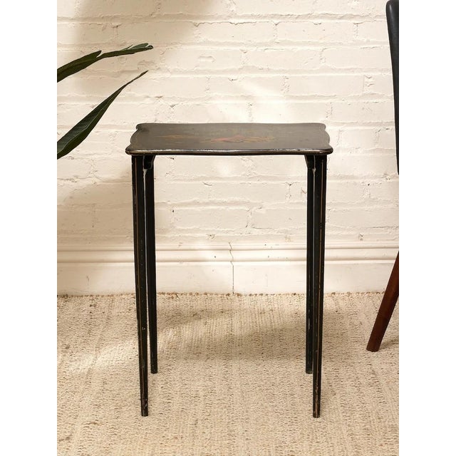 Chinoiserie Vintage Chinoiserie Black Lacquer Side Table With Hand-Painted Asian Scene For Sale - Image 3 of 10