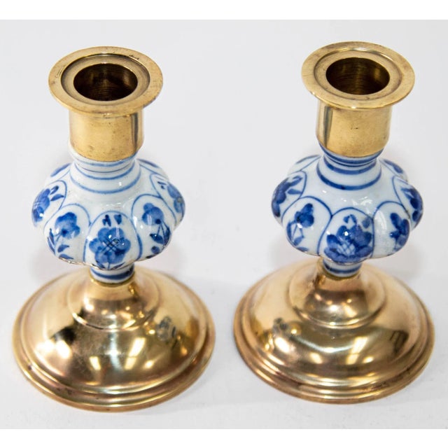 Delft Vintage Delft Floral Blue and White Ceramic and Brass Candlesticks, a Pair 1950s For Sale - Image 4 of 9