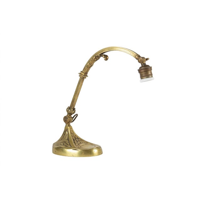 Art Nouveau Brass Desk Lamp with Adjustable Gooseneck, Fluted Glass Shade and Floral Relief Base, Europe, 1920s For Sale - Image 10 of 10