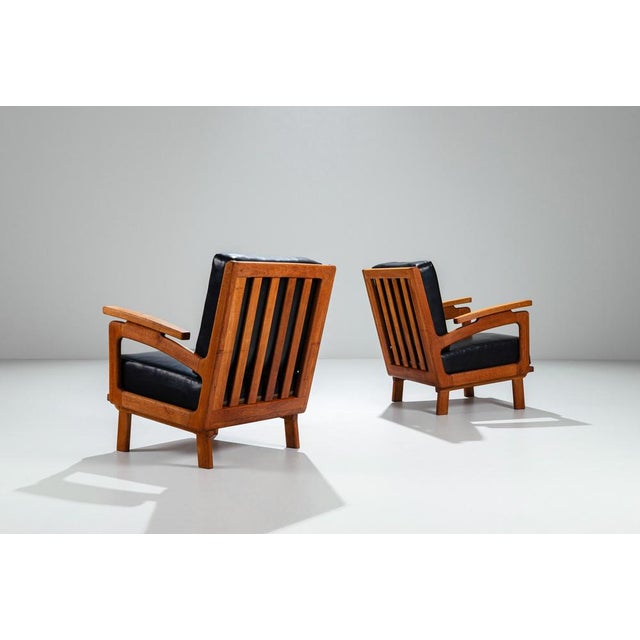 Mid-Century Modern Belgian Lounge Chairs in Oak with Leather Cushions, 1960s, Set of 2 For Sale - Image 3 of 17