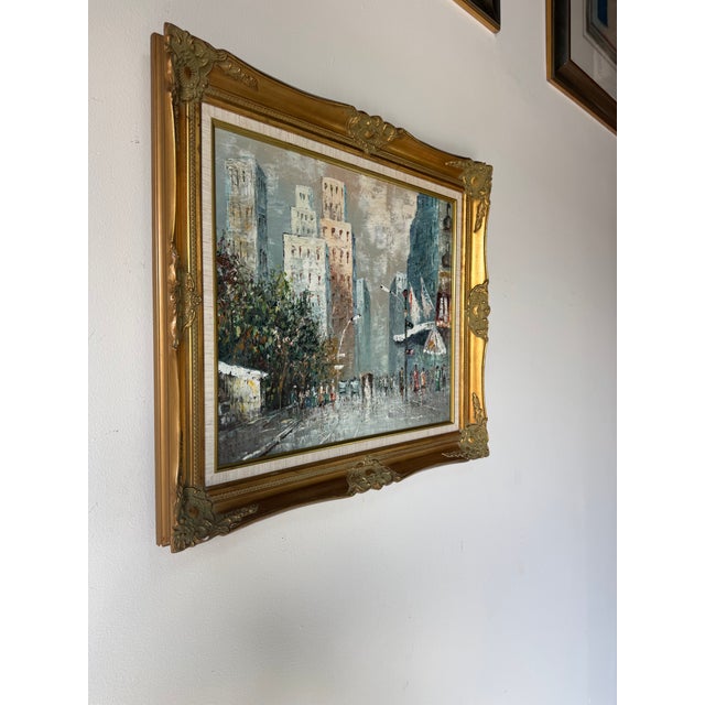 Atmospheric vintage Impressionist cityscape oil painting by Windsor, depicting a lively urban street scene with figures,...