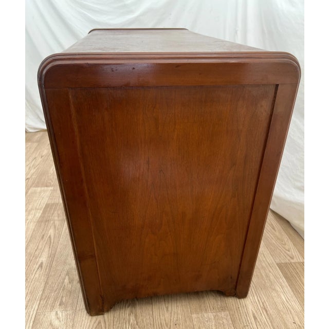 1930s Art Deco Desk Waterfall Top Seven Dovetail Brass Drawers Walnut Finished Back For Sale - Image 4 of 18