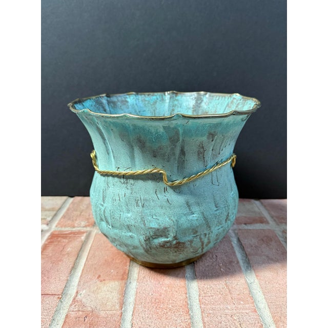 Late 20th Century Vintage Italian Handcrafted Metal Cachepot With Verdigris Finish For Sale - Image 5 of 9