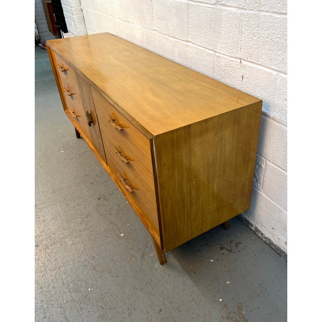 Wood Unique Mid-Century Modern Lowboy Dresser W/ Sculpted Pulls For Sale - Image 7 of 16